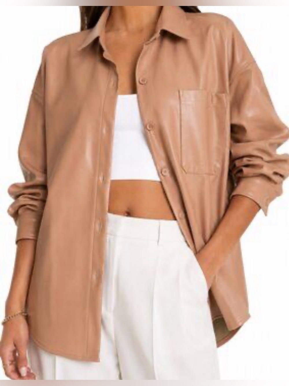 French Connection FauxLeather Oversized Shirt Jacket in Camel size Small